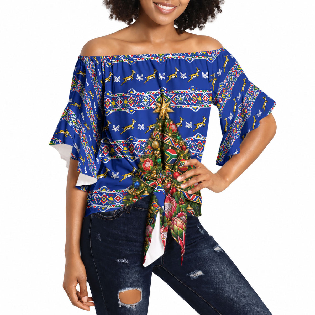 South Africa Christmas Off Shoulder Wrap Waist Top African Culture Protea Flower Safari Sunset