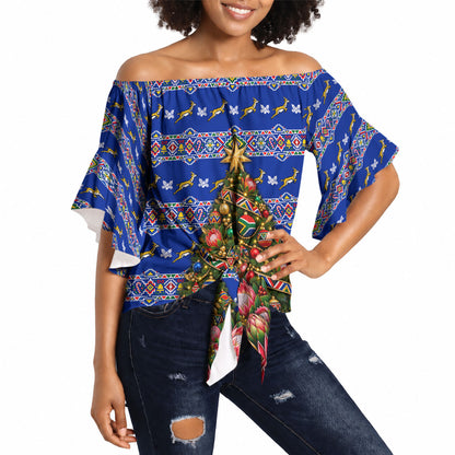 South Africa Christmas Off Shoulder Wrap Waist Top African Culture Protea Flower Safari Sunset