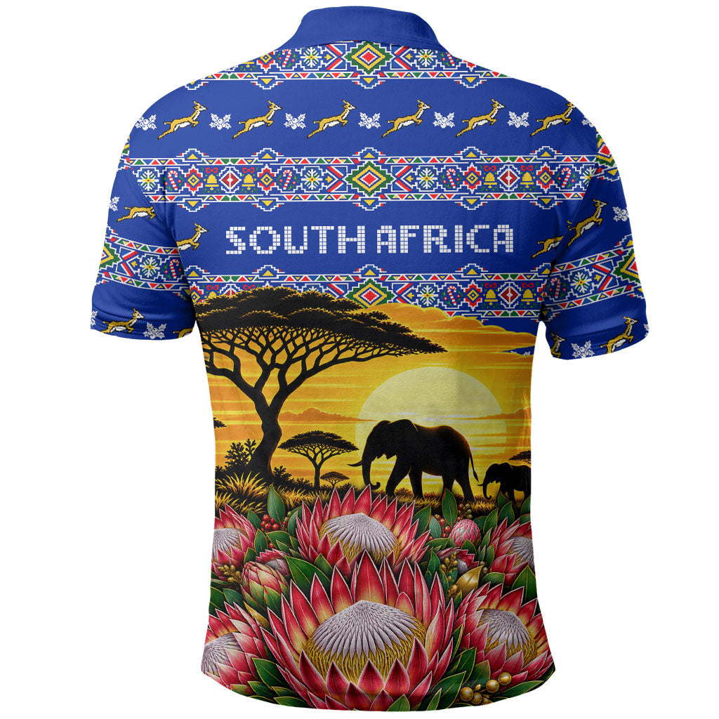 South Africa Christmas Polo Shirt African Culture Protea Flower Safari Sunset