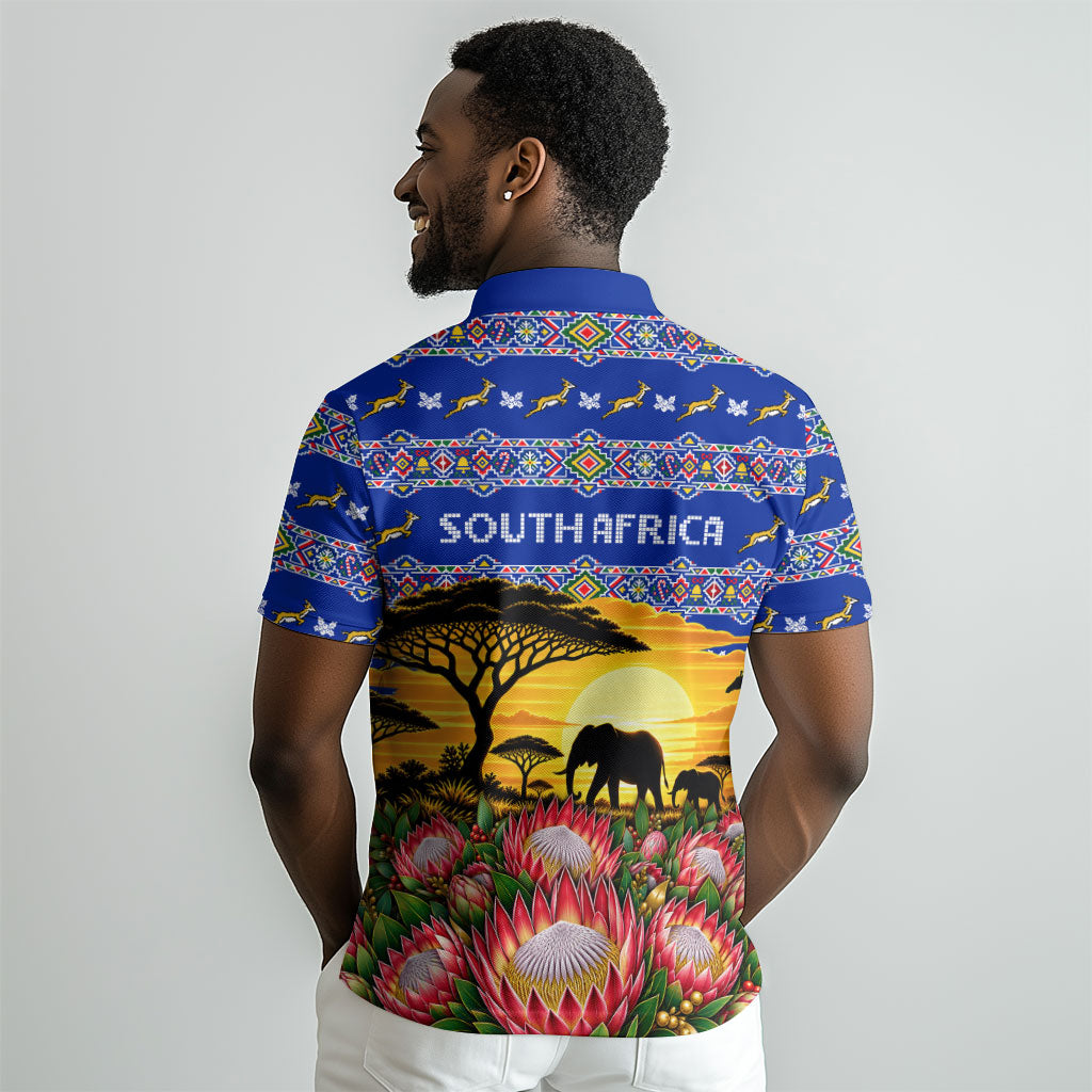 South Africa Christmas Polo Shirt African Culture Protea Flower Safari Sunset