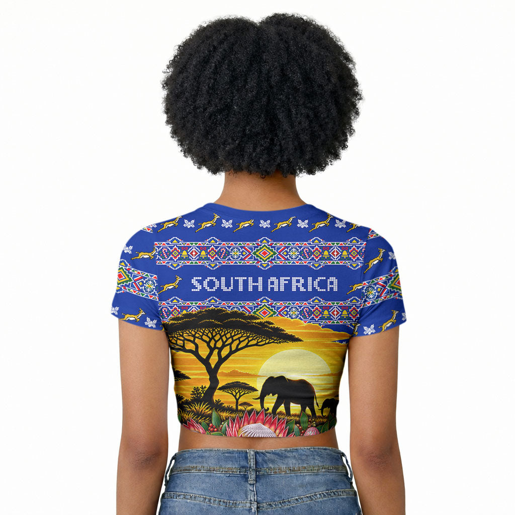 South Africa Christmas Raglan Cropped T shirt African Culture Protea Flower Safari Sunset