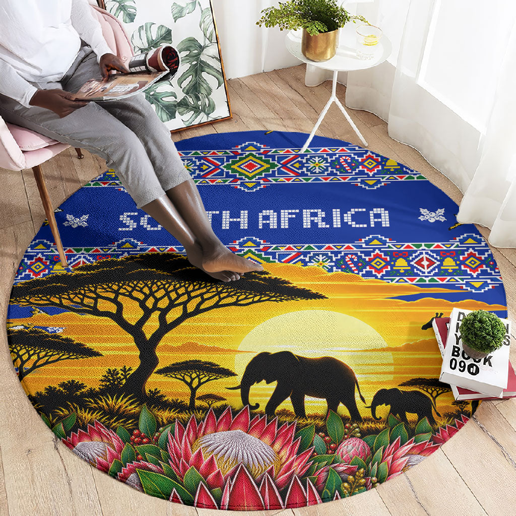 South Africa Christmas Round Carpet African Culture Protea Flower Safari Sunset