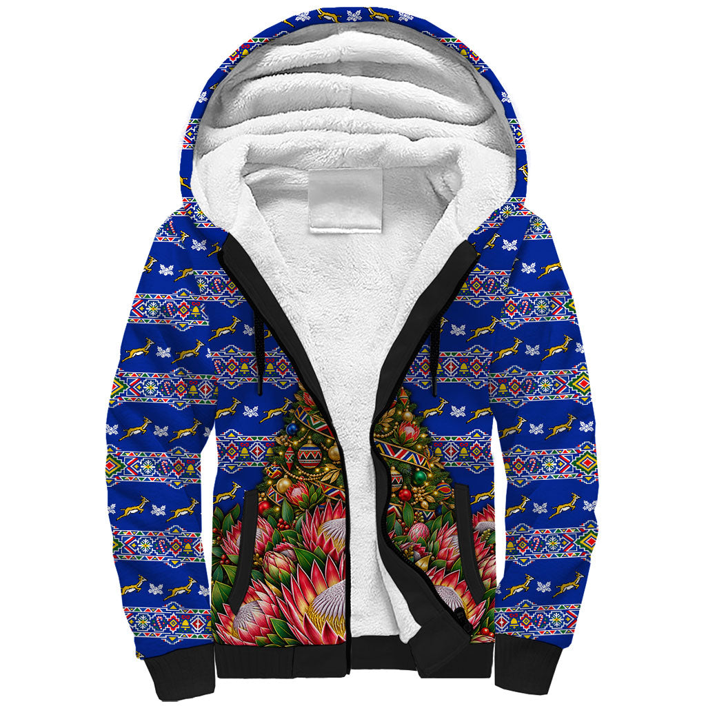 South Africa Christmas Sherpa Hoodie African Culture Protea Flower Safari Sunset