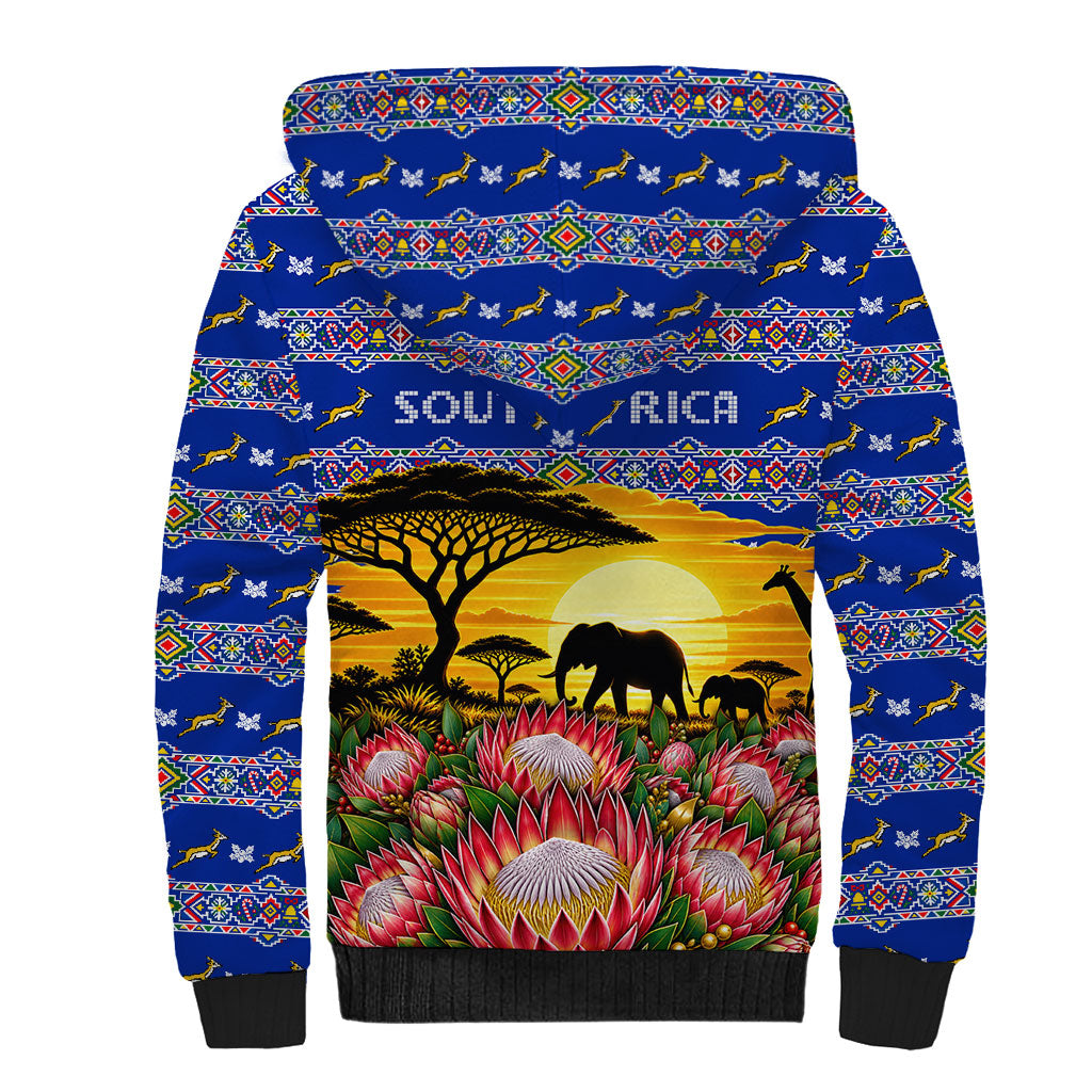 South Africa Christmas Sherpa Hoodie African Culture Protea Flower Safari Sunset