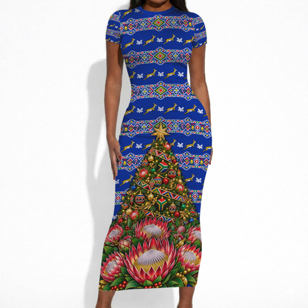 South Africa Christmas Short Sleeve Bodycon Dress African Culture Protea Flower Safari Sunset