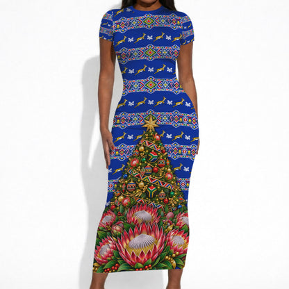 South Africa Christmas Short Sleeve Bodycon Dress African Culture Protea Flower Safari Sunset
