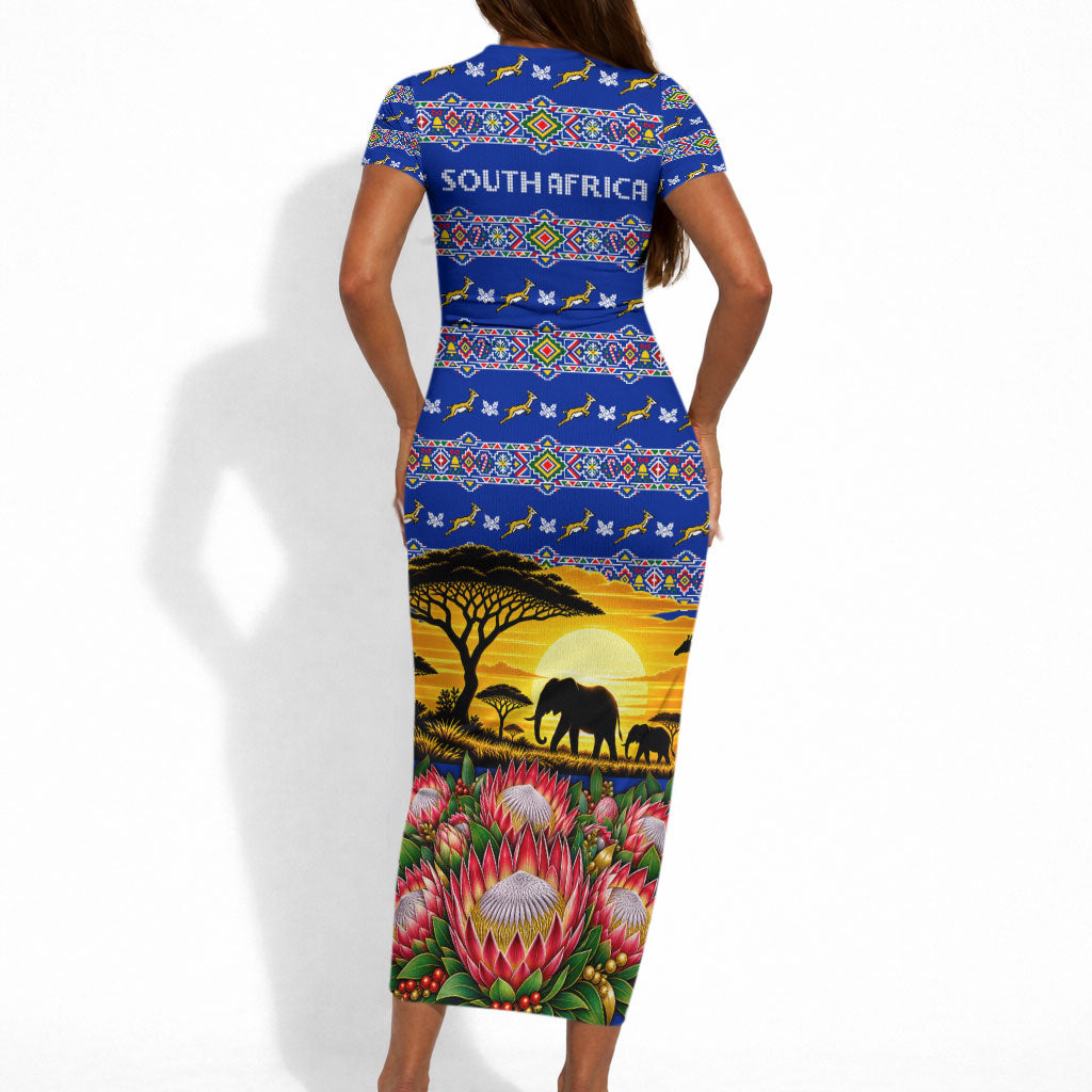 South Africa Christmas Short Sleeve Bodycon Dress African Culture Protea Flower Safari Sunset