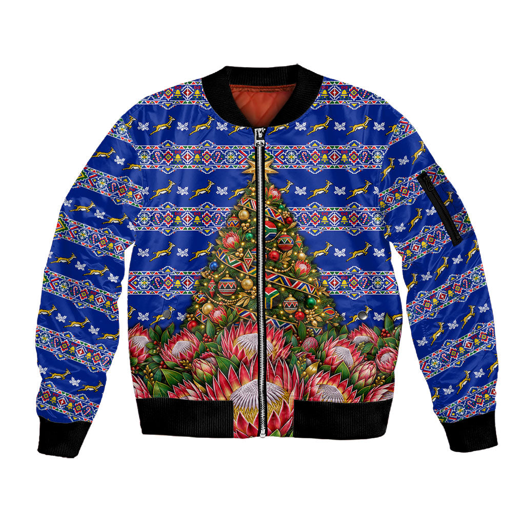 South Africa Christmas Sleeve Zip Bomber Jacket African Culture Protea Flower Safari Sunset