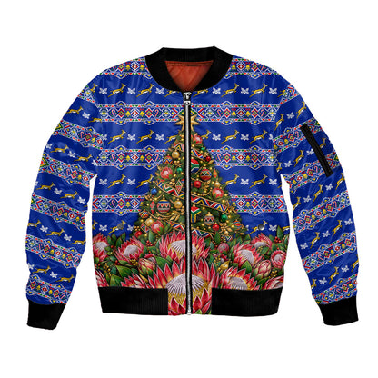 South Africa Christmas Sleeve Zip Bomber Jacket African Culture Protea Flower Safari Sunset