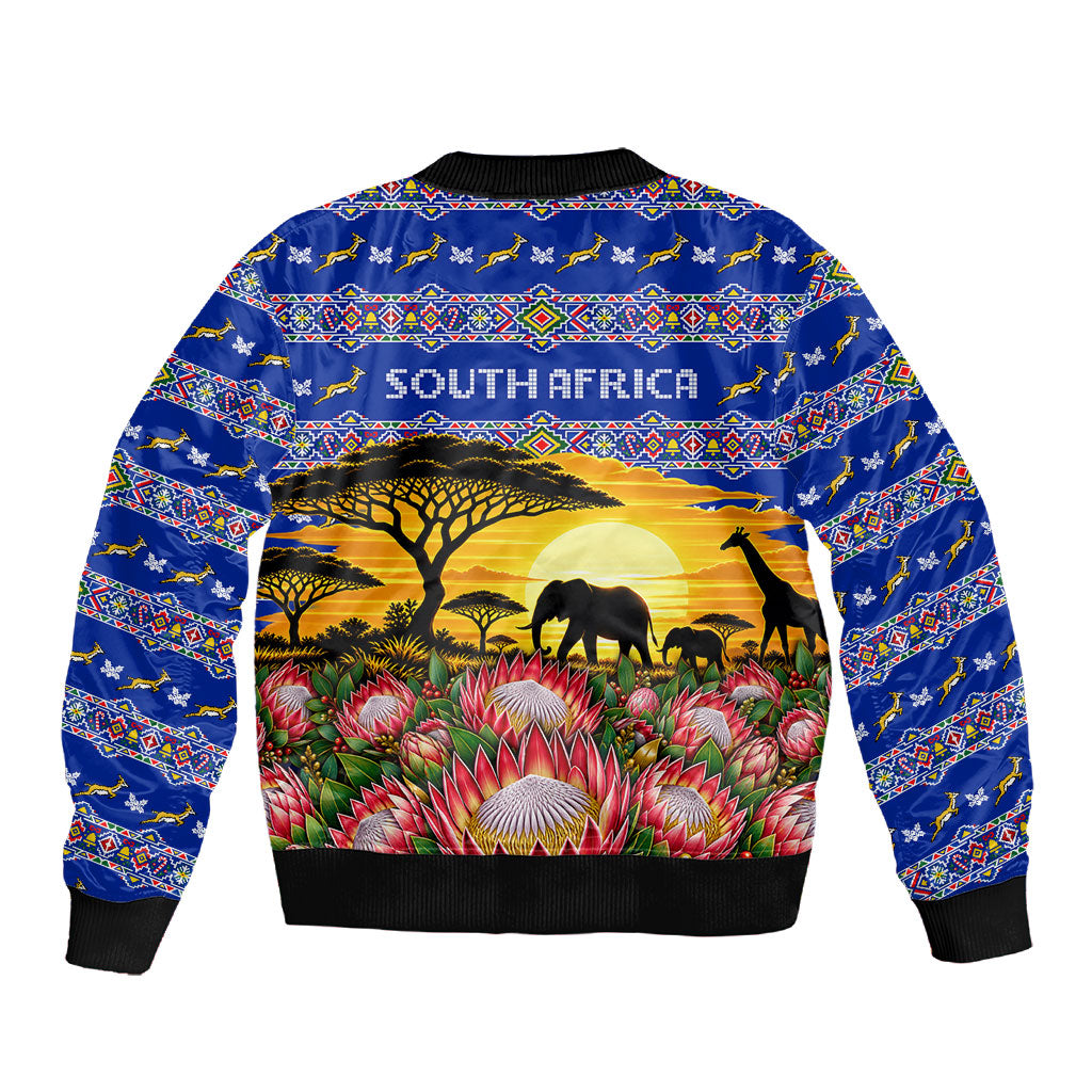 South Africa Christmas Sleeve Zip Bomber Jacket African Culture Protea Flower Safari Sunset