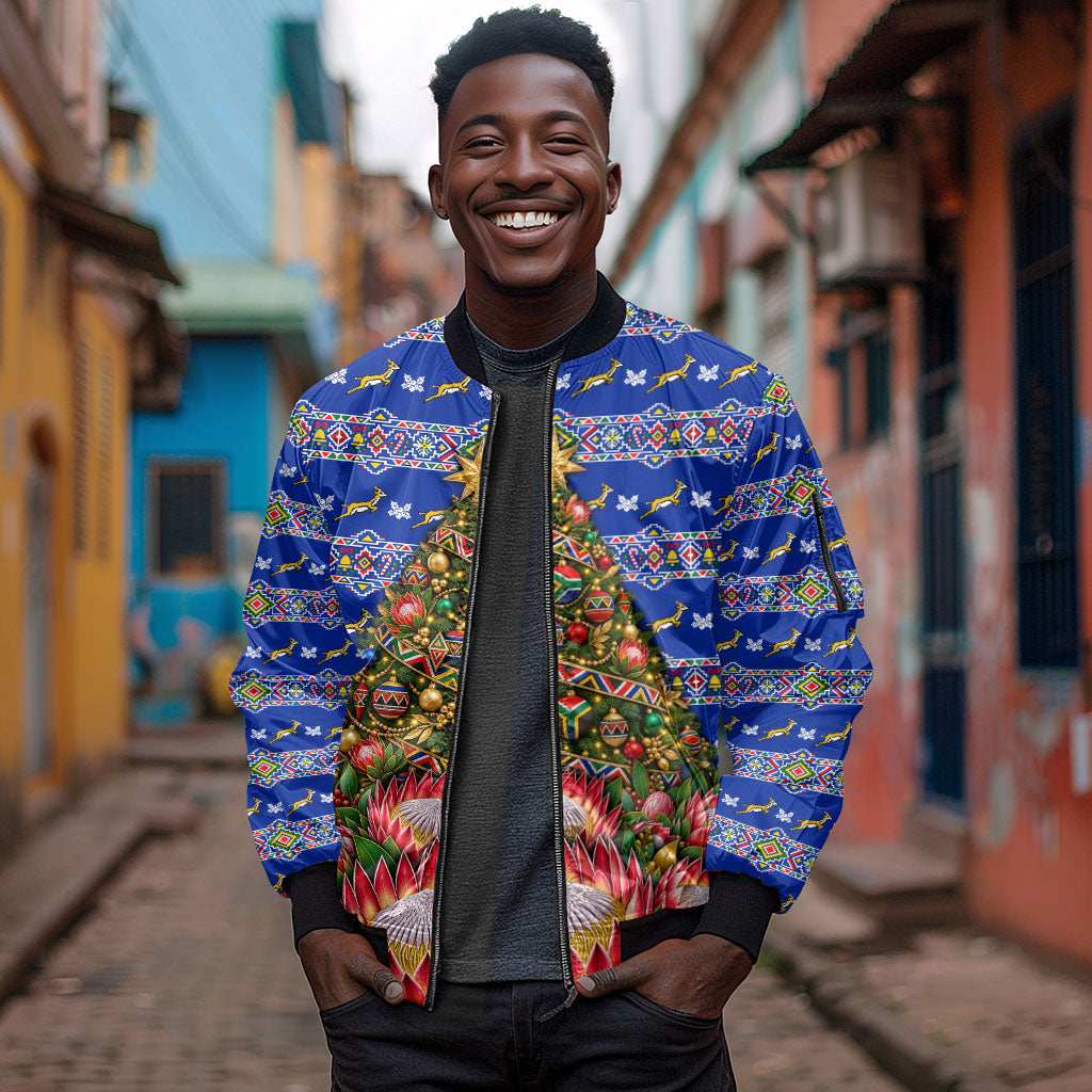 South Africa Christmas Sleeve Zip Bomber Jacket African Culture Protea Flower Safari Sunset