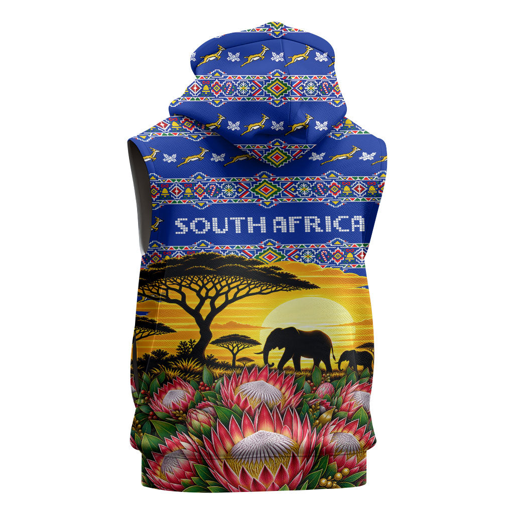 South Africa Christmas Sleeveless Hoodie African Culture Protea Flower Safari Sunset