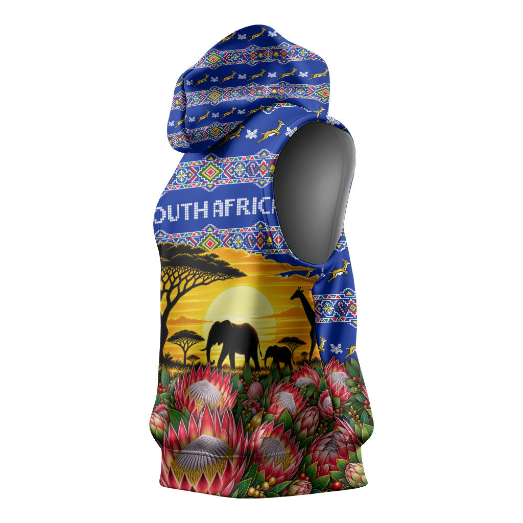 South Africa Christmas Sleeveless Hoodie African Culture Protea Flower Safari Sunset
