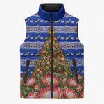 South Africa Christmas Sleeveless Puffer Jacket African Culture Protea Flower Safari Sunset