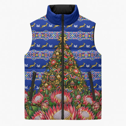 South Africa Christmas Sleeveless Puffer Jacket African Culture Protea Flower Safari Sunset