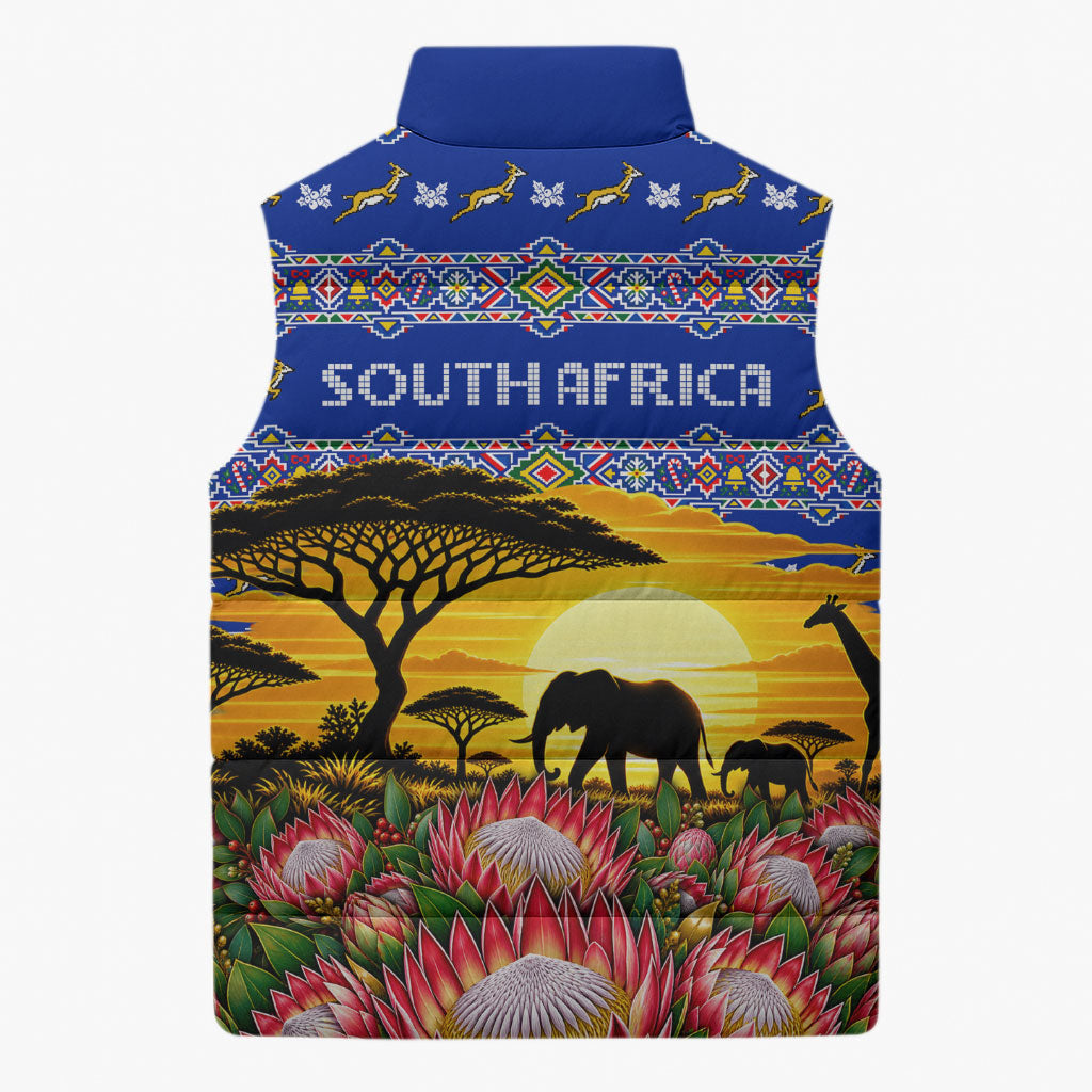South Africa Christmas Sleeveless Puffer Jacket African Culture Protea Flower Safari Sunset