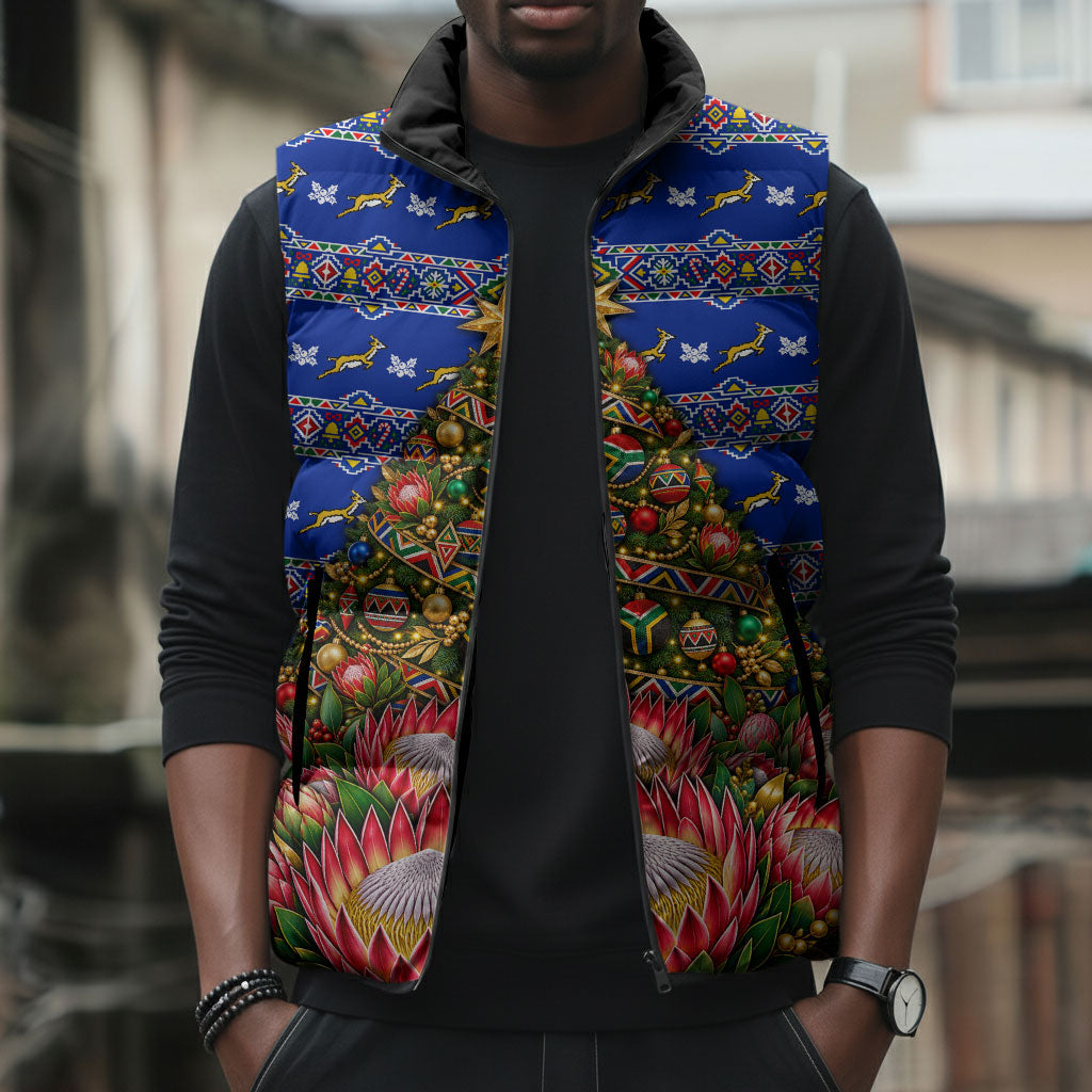 South Africa Christmas Sleeveless Puffer Jacket African Culture Protea Flower Safari Sunset