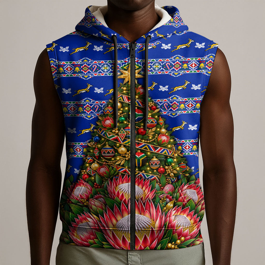 South Africa Christmas Sleeveless Zip Hoodie African Culture Protea Flower Safari Sunset