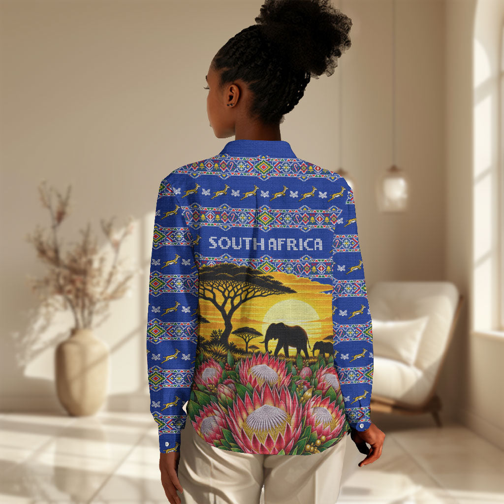 South Africa Christmas Women Casual Shirt African Culture Protea Flower Safari Sunset