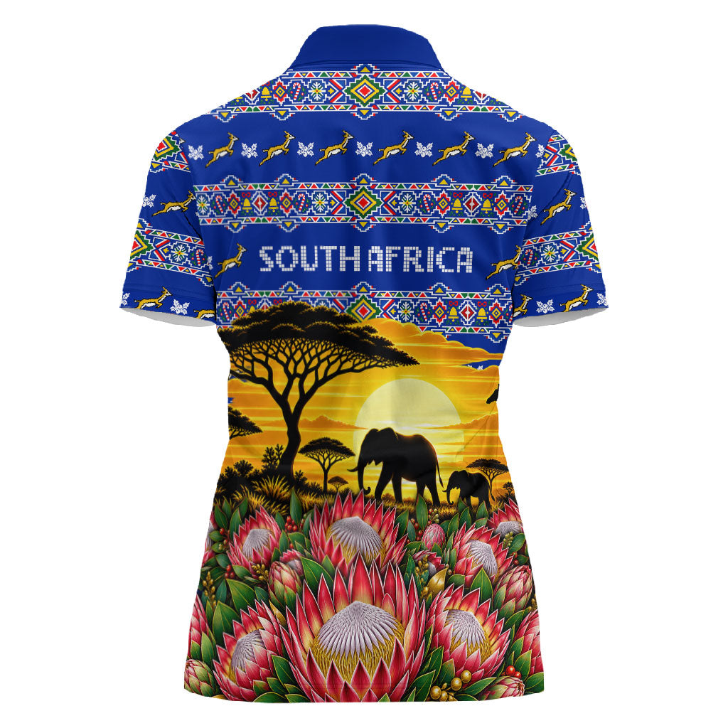 South Africa Christmas Women Polo Shirt African Culture Protea Flower Safari Sunset
