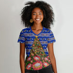 South Africa Christmas Women V-Neck T-Shirt African Culture Protea Flower Safari Sunset