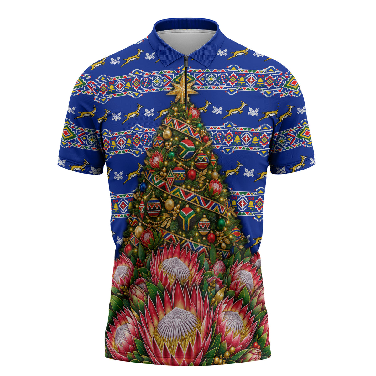 South Africa Christmas Zipper Polo Shirt African Culture Protea Flower Safari Sunset