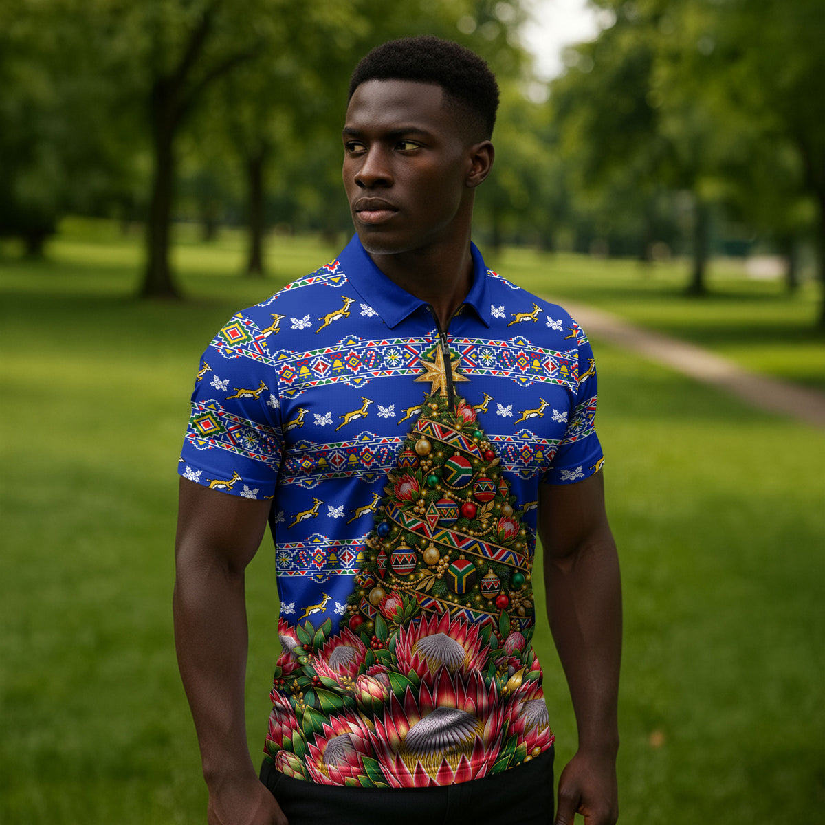 South Africa Christmas Zipper Polo Shirt African Culture Protea Flower Safari Sunset