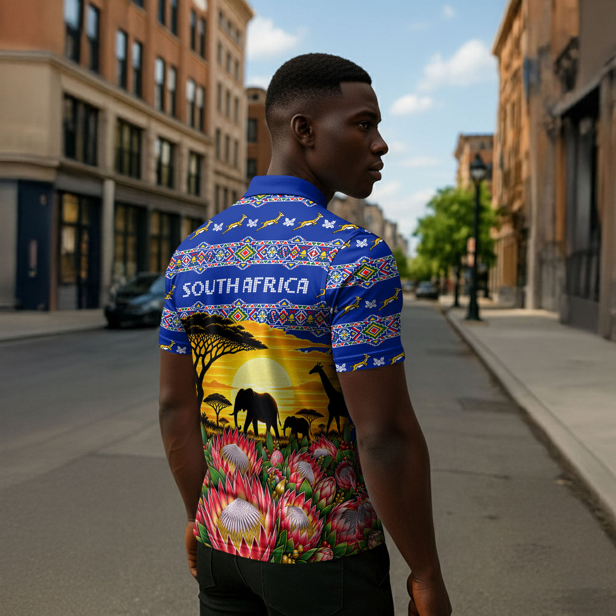 South Africa Christmas Zipper Polo Shirt African Culture Protea Flower Safari Sunset