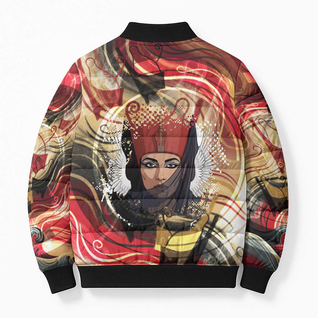 Amunet Bomber Puffer Jacket with Egyptian Queen Portrait Ancient Mythology