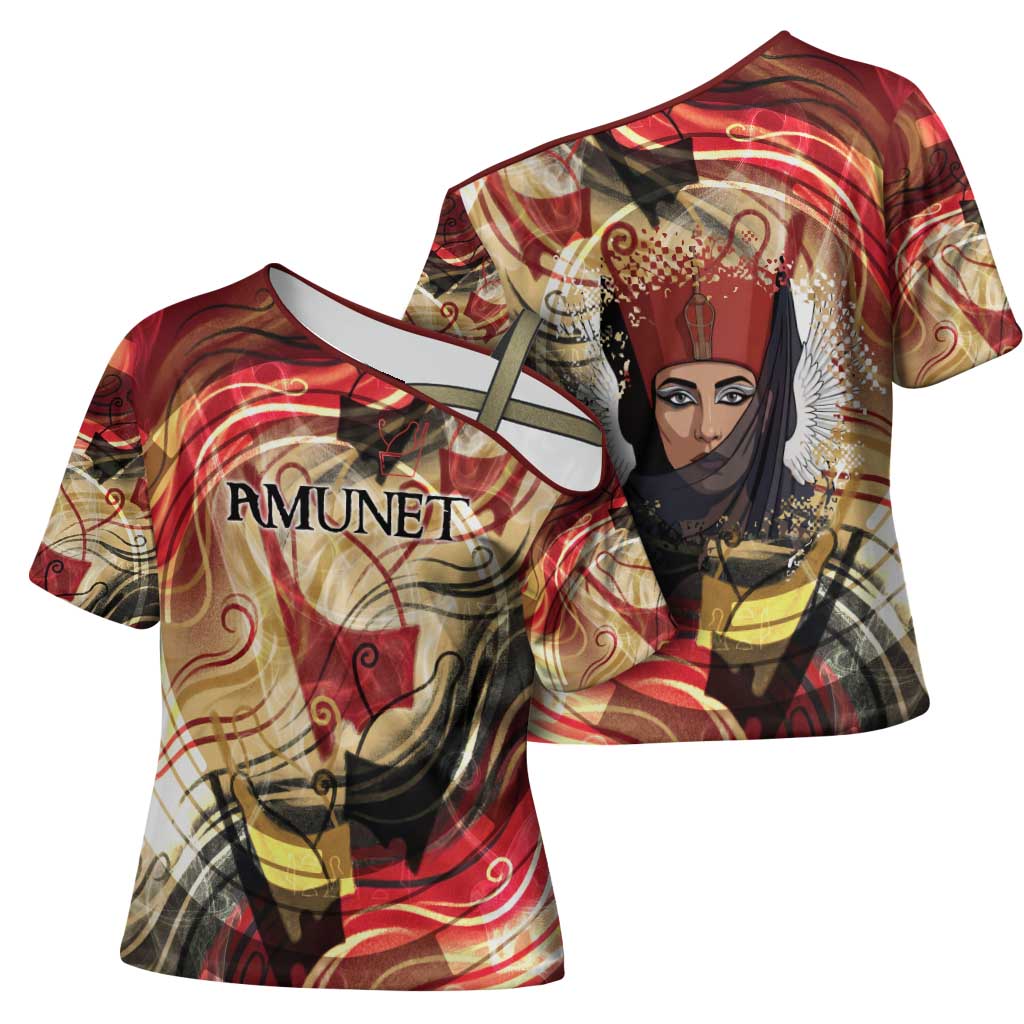 Amunet Cross Shoulder Shirt with Egyptian Queen Portrait Ancient Mythology