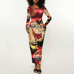 Amunet Long Sleeve Bodycon Dress with Egyptian Queen Portrait Ancient Mythology