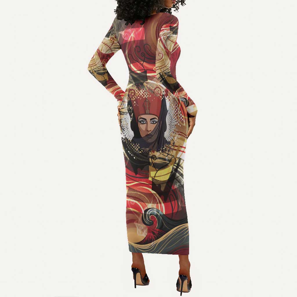 Amunet Long Sleeve Bodycon Dress with Egyptian Queen Portrait Ancient Mythology