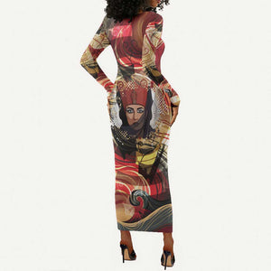 Amunet Long Sleeve Bodycon Dress with Egyptian Queen Portrait Ancient Mythology