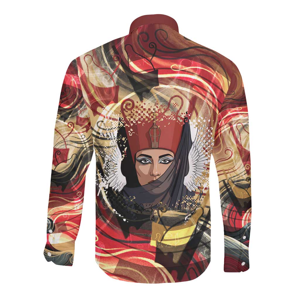 Amunet Long Sleeve Button Shirt with Egyptian Queen Portrait Ancient Mythology