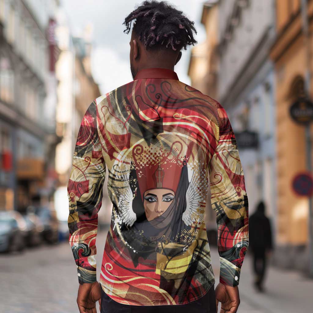 Amunet Long Sleeve Button Shirt with Egyptian Queen Portrait Ancient Mythology