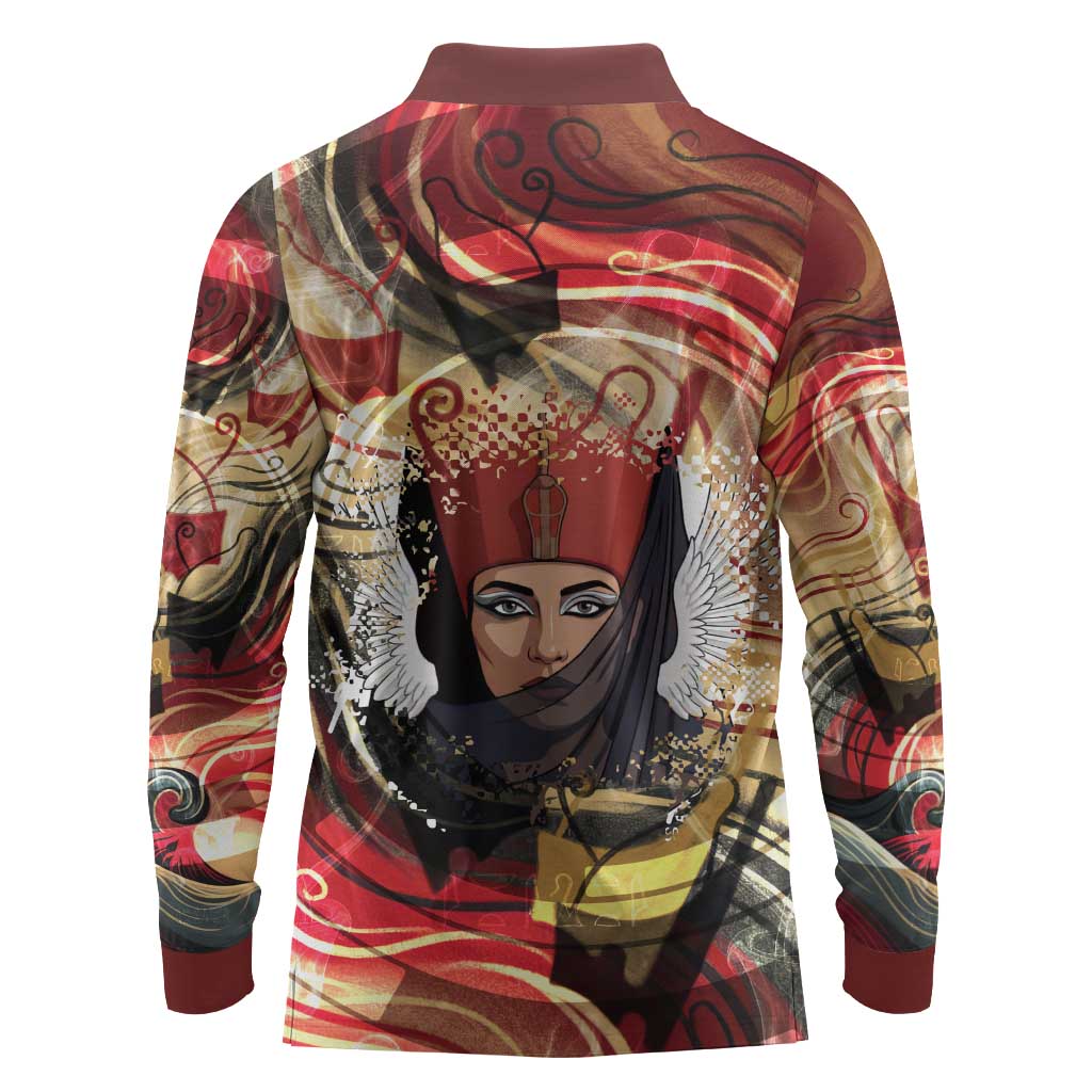 Amunet Long Sleeve Polo Shirt with Egyptian Queen Portrait Ancient Mythology
