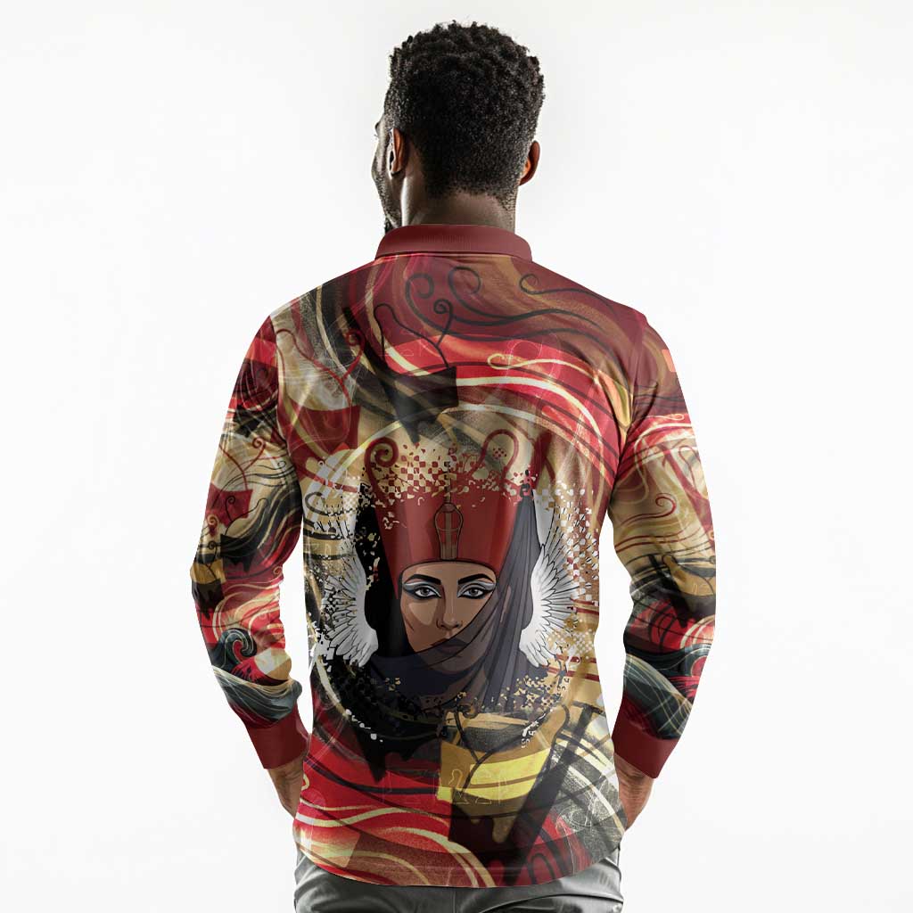 Amunet Long Sleeve Polo Shirt with Egyptian Queen Portrait Ancient Mythology
