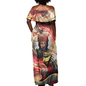 Amunet Off Shoulder Maxi Dress with Egyptian Queen Portrait Ancient Mythology