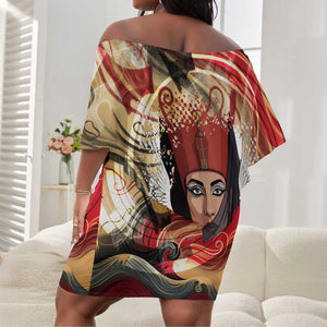 Amunet Off Shoulder Short Dress with Egyptian Queen Portrait Ancient Mythology
