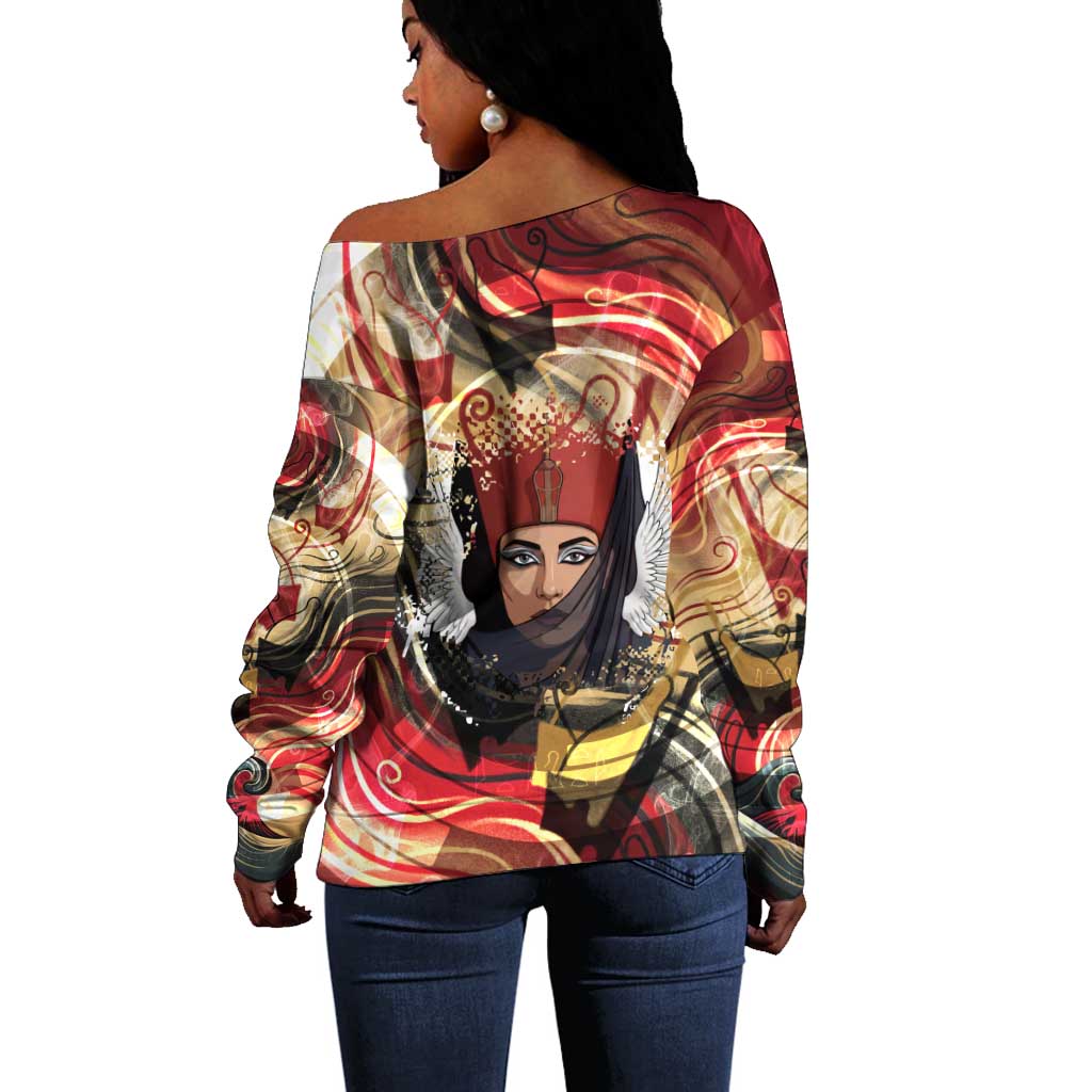 Amunet Off Shoulder Sweater with Egyptian Queen Portrait Ancient Mythology