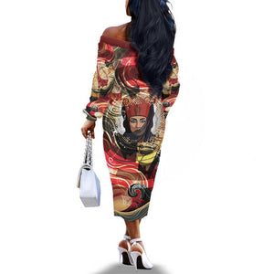 Amunet Off The Shoulder Long Sleeve Dress with Egyptian Queen Portrait Ancient Mythology