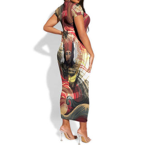 Amunet Short Sleeve Bodycon Dress with Egyptian Queen Portrait Ancient Mythology