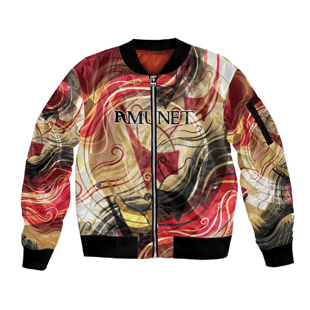 Amunet Sleeve Zip Bomber Jacket with Egyptian Queen Portrait Ancient Mythology