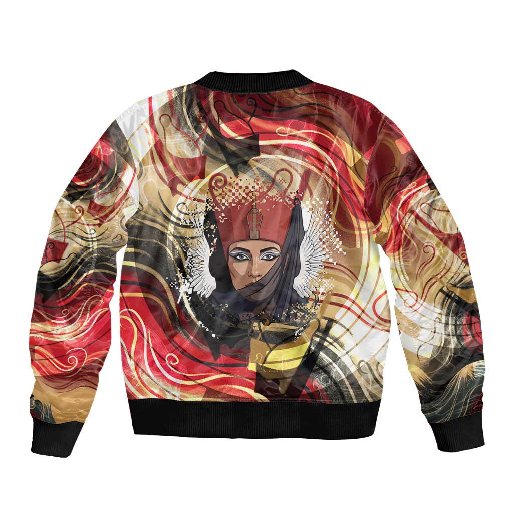 Amunet Sleeve Zip Bomber Jacket with Egyptian Queen Portrait Ancient Mythology