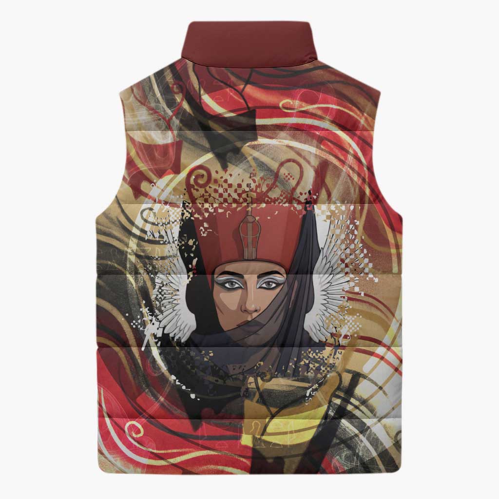 Amunet Sleeveless Puffer Jacket with Egyptian Queen Portrait Ancient Mythology