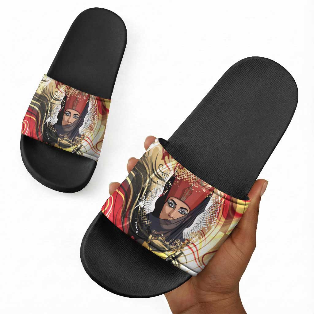 Amunet Slide Sandals with Egyptian Queen Portrait Ancient Mythology