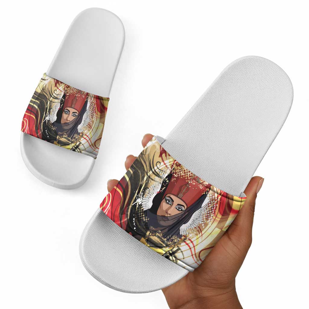 Amunet Slide Sandals with Egyptian Queen Portrait Ancient Mythology