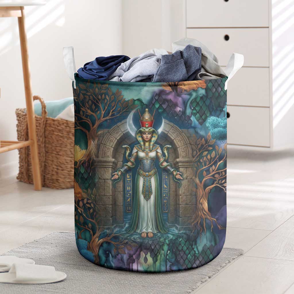 Amunet Ancient Temple Egyptian Laundry Basket with Golden Serpent Mythology in Teal Tones