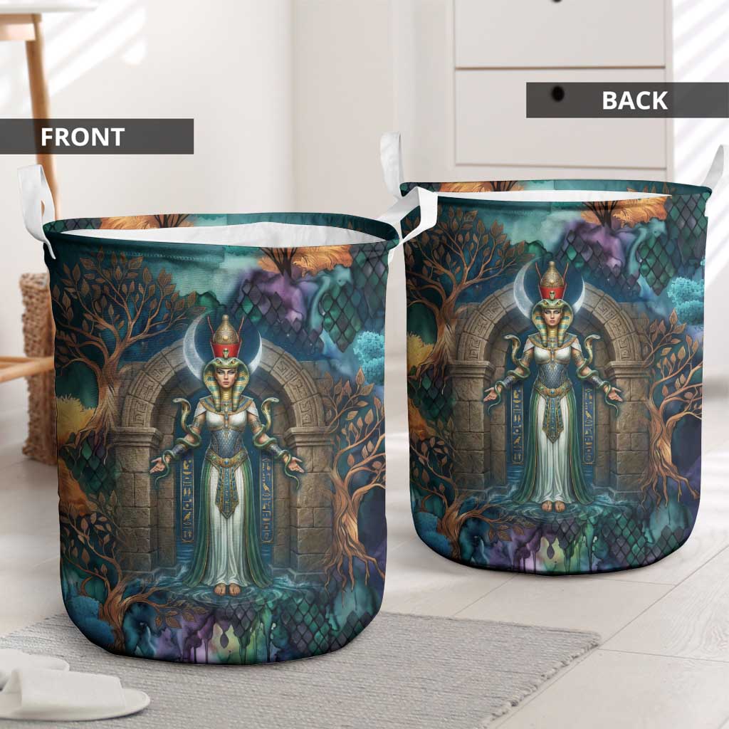 Amunet Ancient Temple Egyptian Laundry Basket with Golden Serpent Mythology in Teal Tones