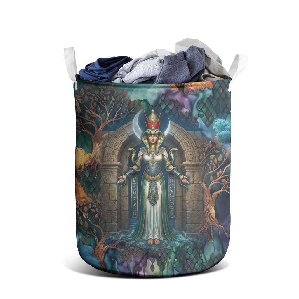 Amunet Ancient Temple Egyptian Laundry Basket with Golden Serpent Mythology in Teal Tones
